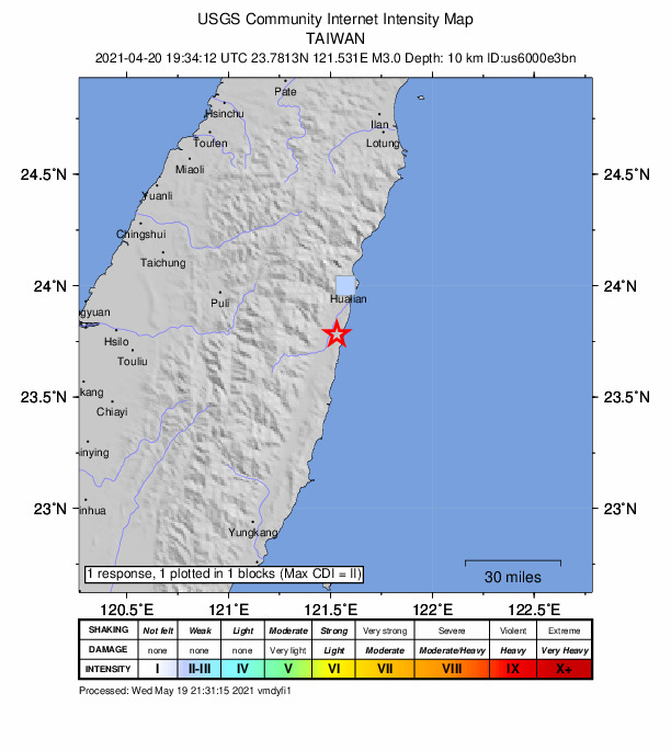 USGS DYFI community-reported intensity map for the M3.0 earthquake near 22 km SSW of Hualien City, Taiwan