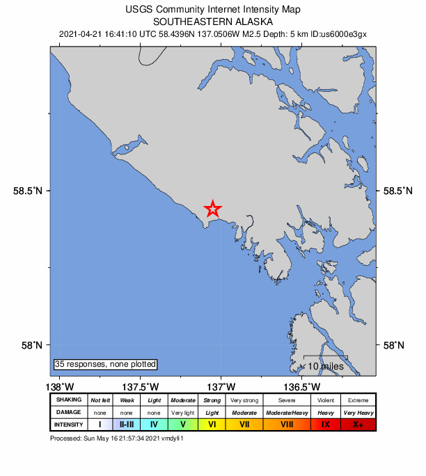 USGS DYFI community-reported intensity map for the M2.3 earthquake near 52 km NW of Elfin Cove, Alaska
