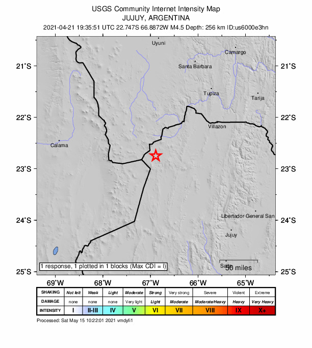 USGS DYFI community-reported intensity map for the M4.5 earthquake near 122 km W of Abra Pampa, Argentina