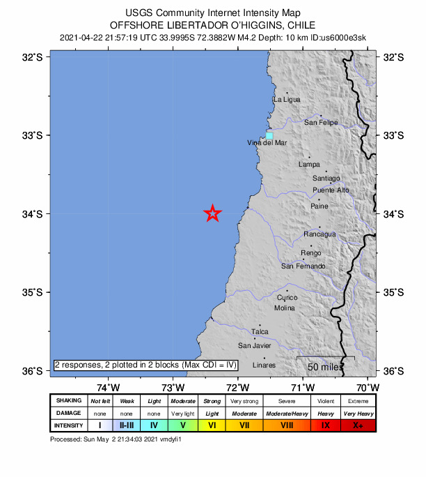 USGS DYFI community-reported intensity map for the M4.2 earthquake near 84 km WSW of San Antonio, Chile