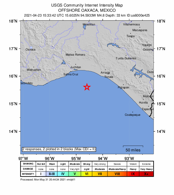 USGS DYFI community-reported intensity map for the M4.8 earthquake near 73 km S of San Francisco del Mar Viejo, Mexico