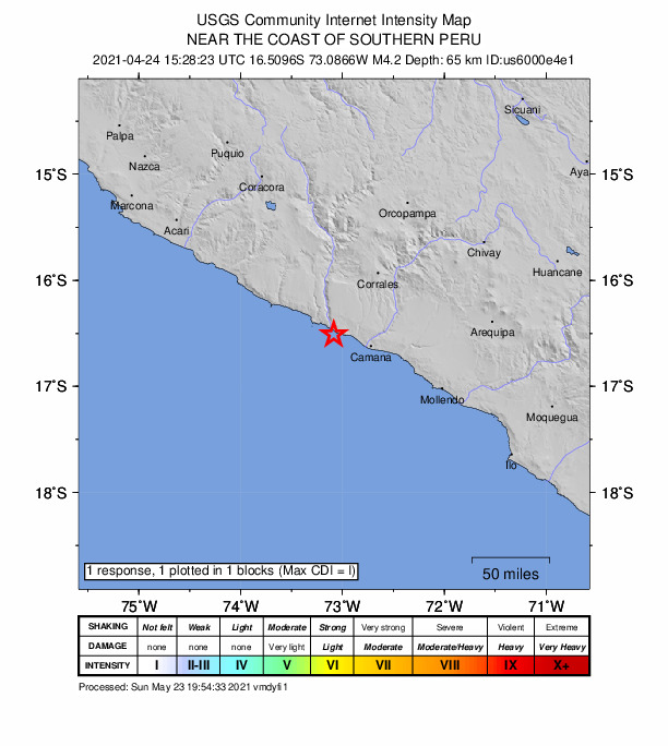 USGS DYFI community-reported intensity map for the M4.2 earthquake near 47 km WNW of El Cardo, Peru