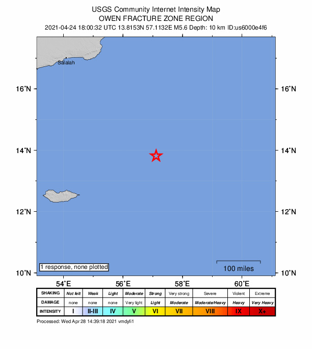 USGS DYFI community-reported intensity map for the M5.6 earthquake near Owen Fracture Zone region