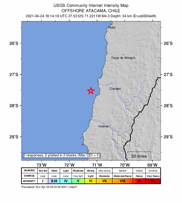 USGS DYFI community-reported intensity map for the M4.3 earthquake near 90 km W of Copiapó, Chile