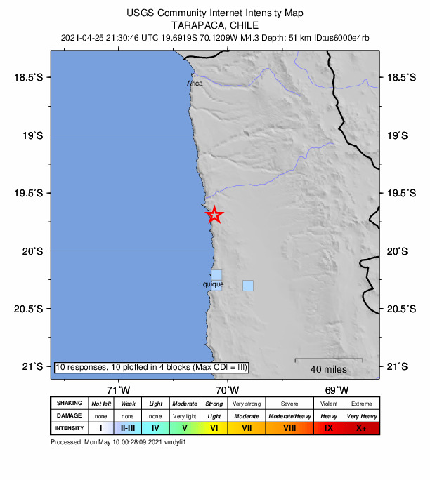 USGS DYFI community-reported intensity map for the M4.3 earthquake near 57 km N of Iquique, Chile