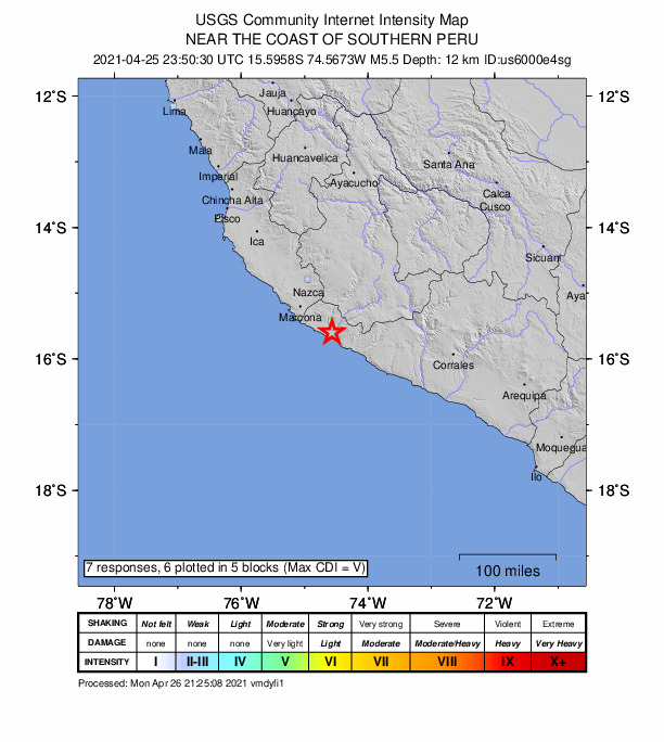 USGS DYFI community-reported intensity map for the M5.4 earthquake near 17 km SSE of Acarí, Peru