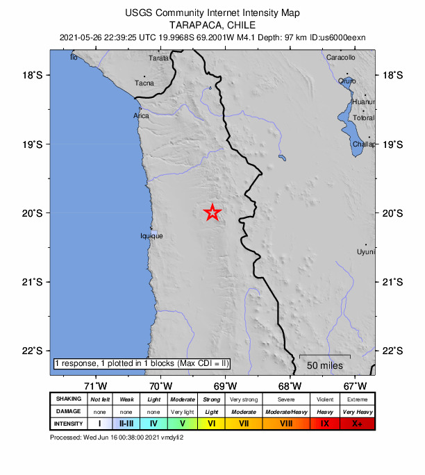 USGS DYFI community-reported intensity map for the M4.1 earthquake near 102 km ENE of Iquique, Chile