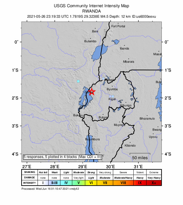 USGS DYFI community-reported intensity map for the M4.5 earthquake near 11 km SE of Gisenyi, Rwanda