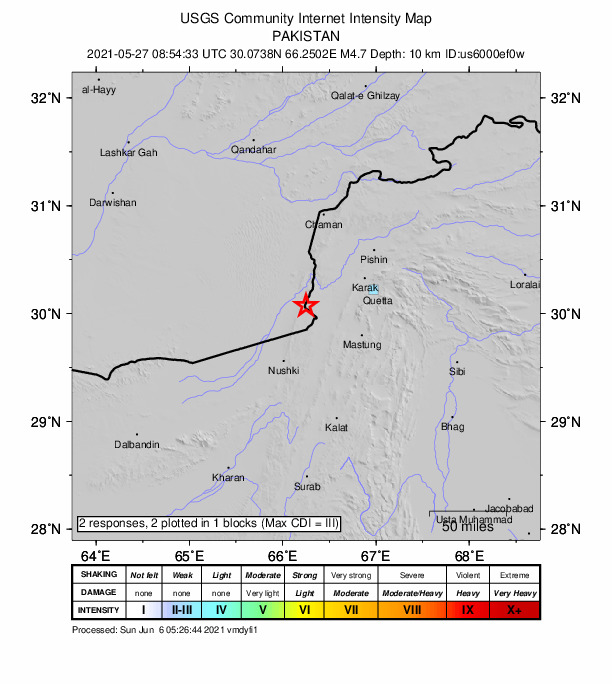 USGS DYFI community-reported intensity map for the M4.7 earthquake near 61 km NNE of Nushki, Pakistan