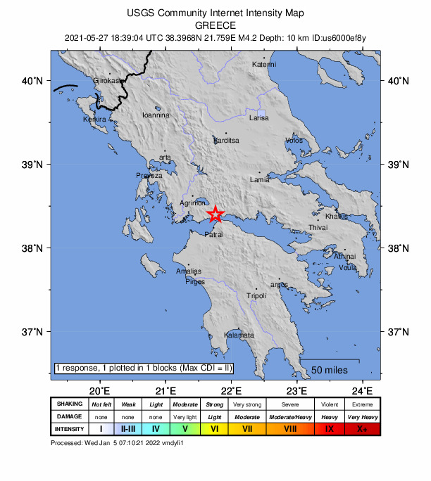 USGS DYFI community-reported intensity map for the M4.2 earthquake near 6 km W of Náfpaktos, Greece
