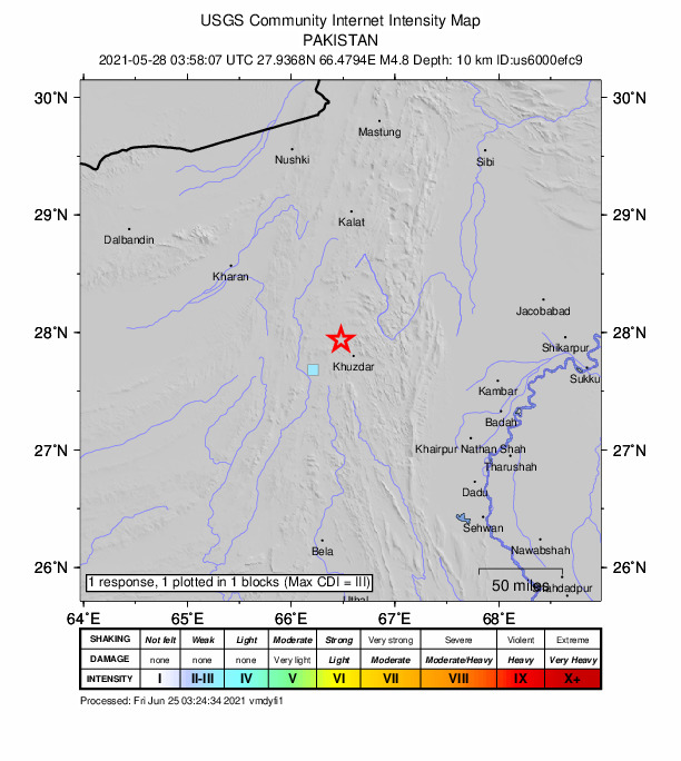 USGS DYFI community-reported intensity map for the M4.8 earthquake near 18 km NW of Khuzdar, Pakistan