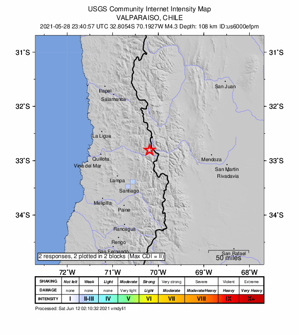 USGS DYFI community-reported intensity map for the M4.6 earthquake near 37 km E of Los Andes, Chile