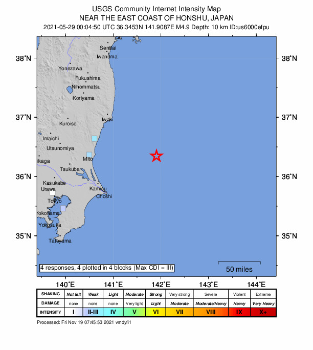 USGS DYFI community-reported intensity map for the M4.9 earthquake near 114 km ESE of Takahagi, Japan