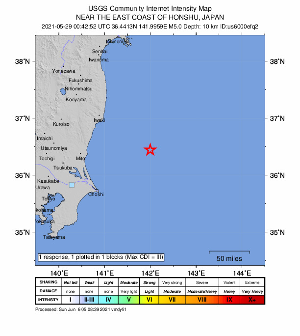 USGS DYFI community-reported intensity map for the M5.0 earthquake near 117 km ESE of Kitaibaraki, Japan