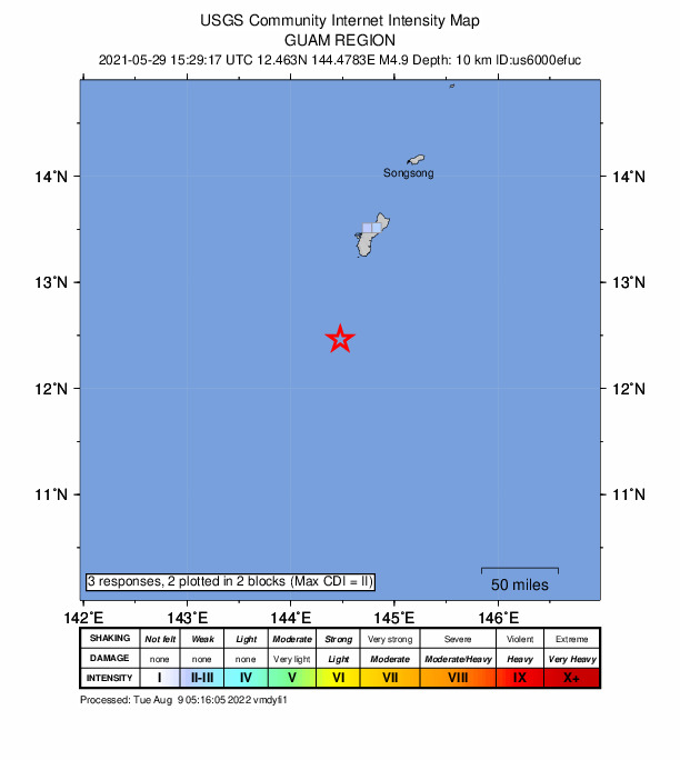 USGS DYFI community-reported intensity map for the M4.9 earthquake near 91 km SSW of Merizo Village, Guam