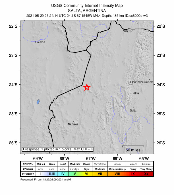 USGS DYFI community-reported intensity map for the M4.4 earthquake near 85 km W of San Antonio de los Cobres, Argentina