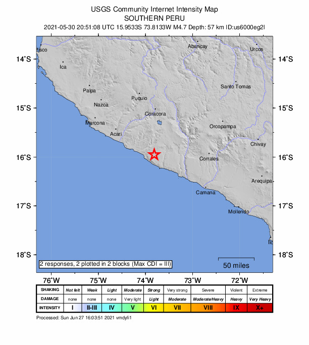 USGS DYFI community-reported intensity map for the M4.7 earthquake near 23 km SE of Achanizo, Peru