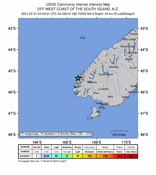 USGS DYFI community-reported intensity map for the M4.9 earthquake near 75 km W of Te Anau, New Zealand