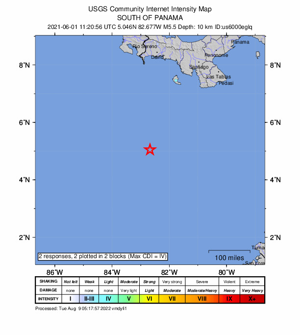 USGS DYFI community-reported intensity map for the M5.5 earthquake near south of Panama