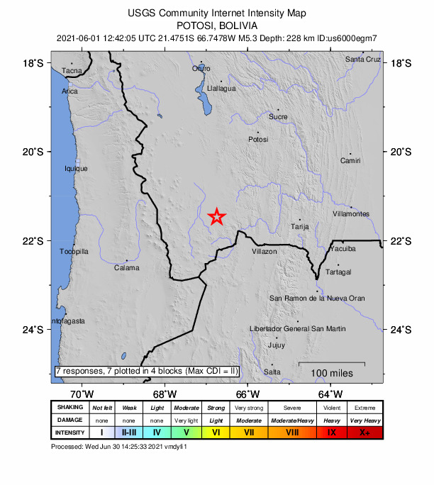 USGS DYFI community-reported intensity map for the M5.4 earthquake near 82 km SW of Atocha, Bolivia