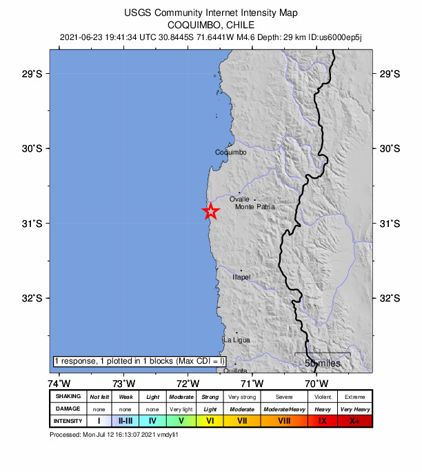 USGS DYFI community-reported intensity map for the M4.6 earthquake near 50 km WSW of Ovalle, Chile