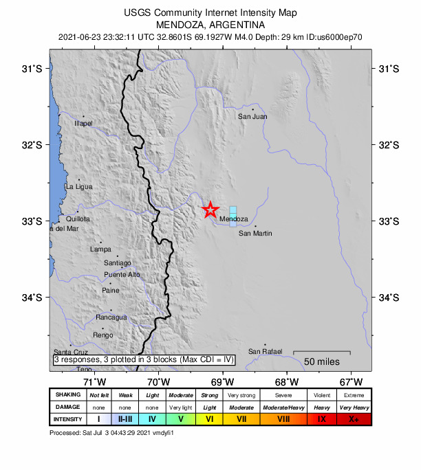 USGS DYFI community-reported intensity map for the M4.0 earthquake near 34 km W of Mendoza, Argentina