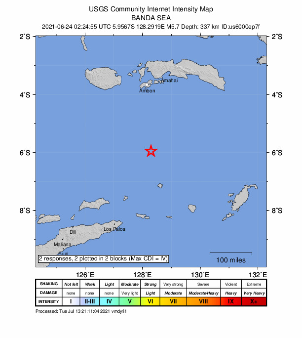 USGS DYFI community-reported intensity map for the M5.7 earthquake near 250 km S of Ambon, Indonesia