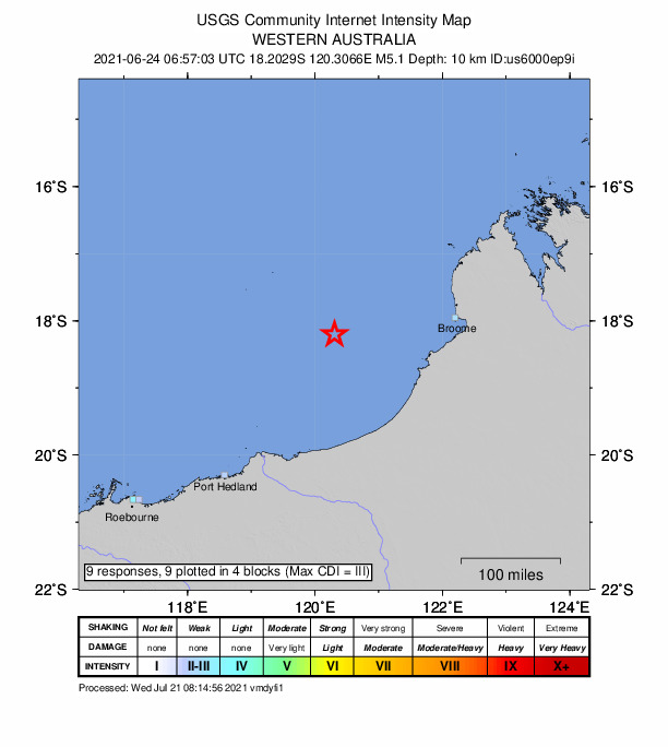 USGS DYFI community-reported intensity map for the M5.1 earthquake near 203 km W of Cable Beach, Australia