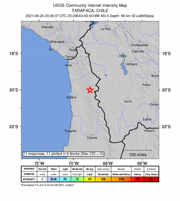 USGS DYFI community-reported intensity map for the M4.5 earthquake near 118 km ENE of Iquique, Chile
