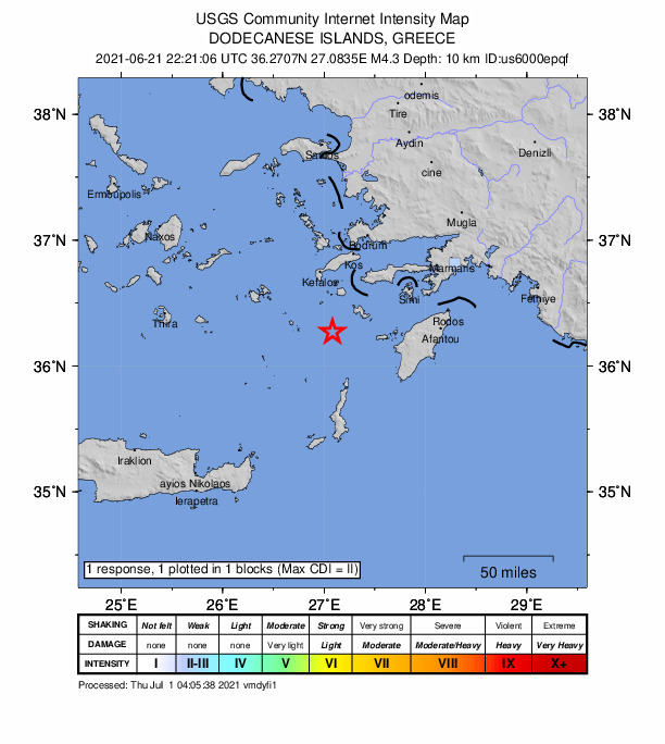 USGS DYFI community-reported intensity map for the M4.3 earthquake near 38 km S of Mandráki, Greece