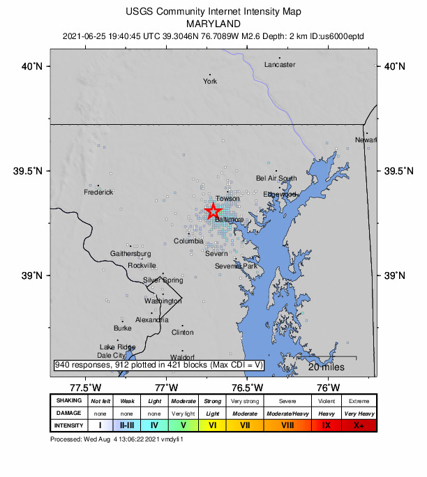 USGS DYFI community-reported intensity map for the M2.6 earthquake near 2 km SE of Woodlawn, Maryland