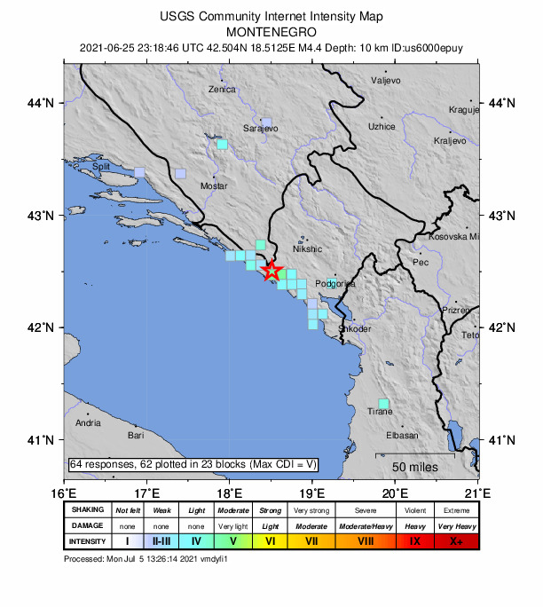 USGS DYFI community-reported intensity map for the M4.4 earthquake near 3 km NNE of Igalo, Montenegro