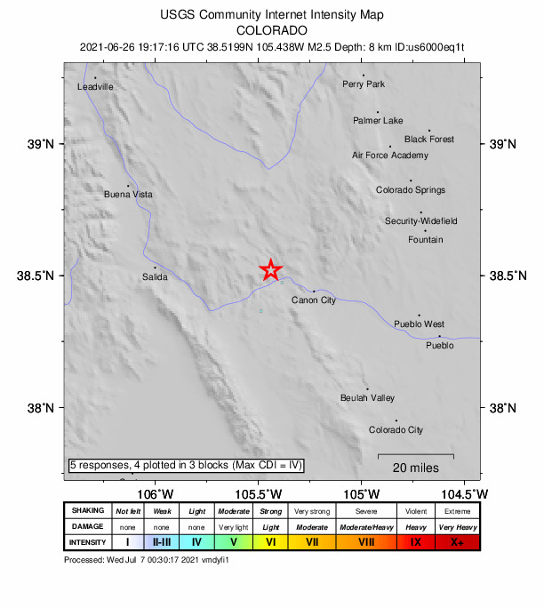 USGS DYFI community-reported intensity map for the M2.5 earthquake near 19 km WNW of Cañon City, Colorado