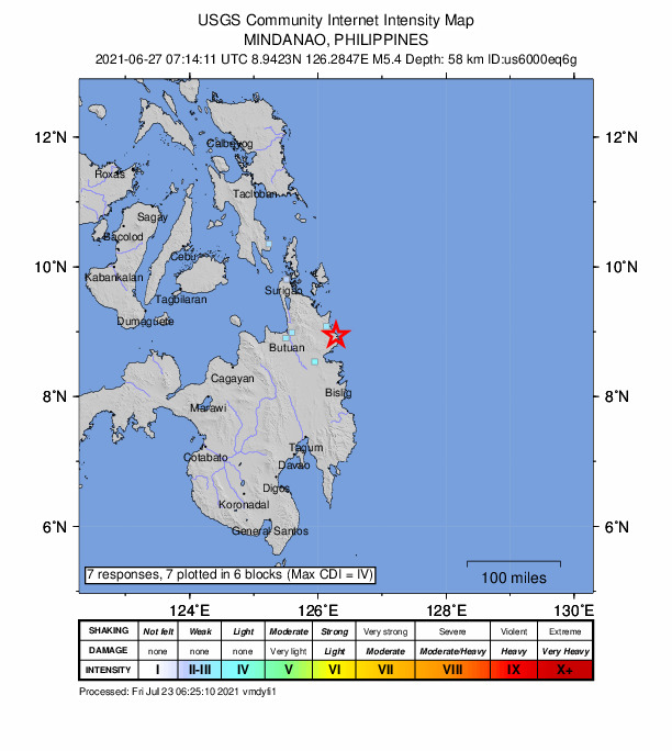 USGS DYFI community-reported intensity map for the M5.0 earthquake near 2 km WNW of Bacolod, Philippines
