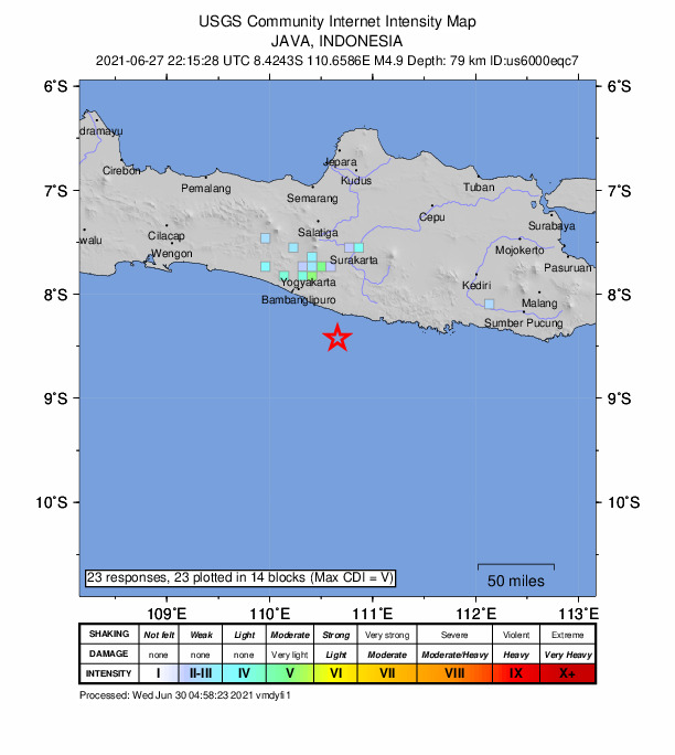 USGS DYFI community-reported intensity map for the M5.1 earthquake near 55 km SE of Pundong, Indonesia