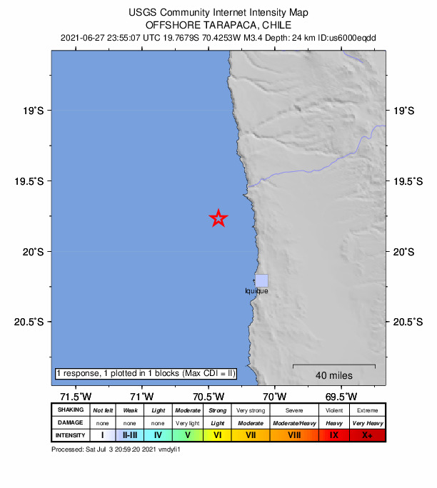 USGS DYFI community-reported intensity map for the M3.4 earthquake near 57 km NNW of Iquique, Chile