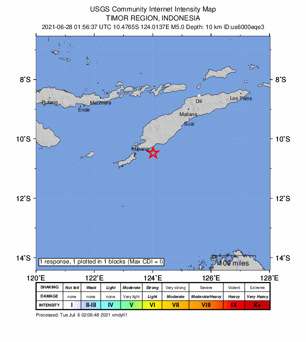 USGS DYFI community-reported intensity map for the M5.0 earthquake near 54 km SE of Kupang, Indonesia