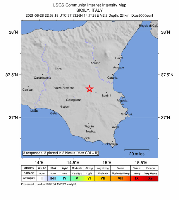 USGS DYFI community-reported intensity map for the M2.9 earthquake near 0 km NNW of Palagonia, Italy