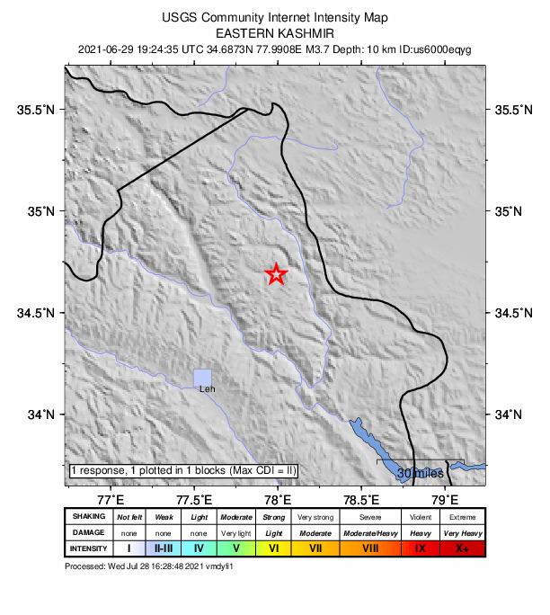 USGS DYFI community-reported intensity map for the M3.7 earthquake near 68 km NNE of Leh, India