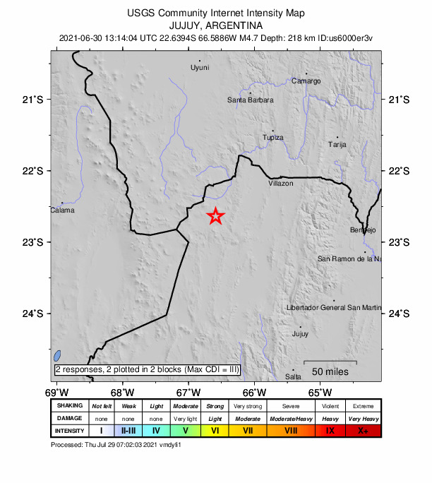 USGS DYFI community-reported intensity map for the M4.9 earthquake near 90 km W of Abra Pampa, Argentina
