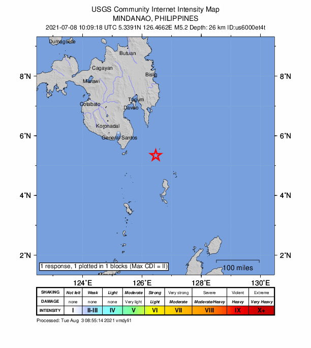 USGS DYFI community-reported intensity map for the M5.2 earthquake near 111 km E of Sarangani, Philippines