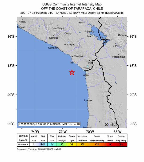 USGS DYFI community-reported intensity map for the M5.2 earthquake near 91 km S of Pacocha, Peru