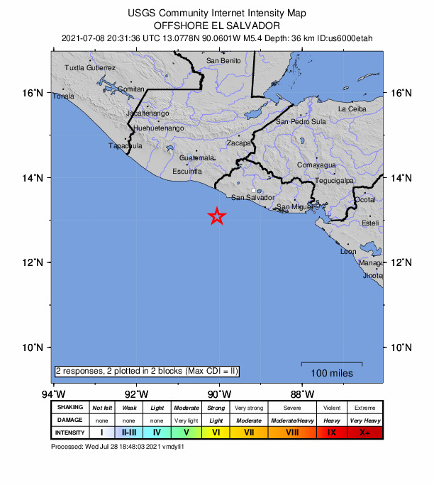 USGS DYFI community-reported intensity map for the M5.3 earthquake near 64 km SSW of Acajutla, El Salvador
