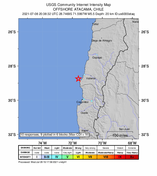 USGS DYFI community-reported intensity map for the M5.4 earthquake near 84 km WSW of Vallenar, Chile