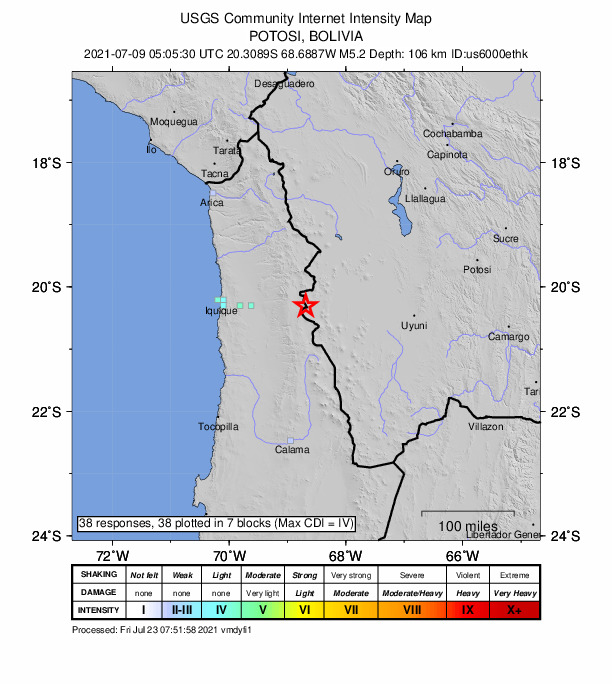 USGS DYFI community-reported intensity map for the M5.2 earthquake near 150 km E of Iquique, Chile