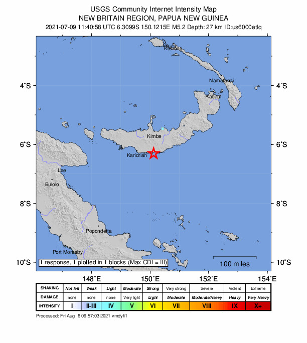 USGS DYFI community-reported intensity map for the M5.2 earthquake near 64 km E of Kandrian, Papua New Guinea