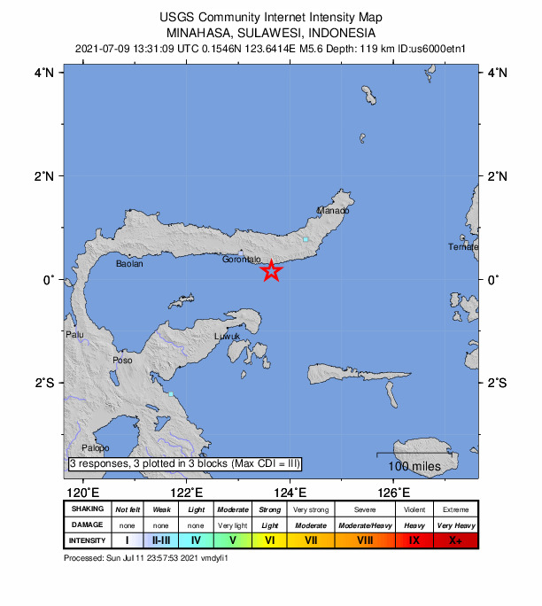 USGS DYFI community-reported intensity map for the M5.6 earthquake near 79 km ESE of Gorontalo, Indonesia