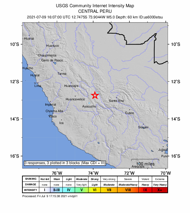 USGS DYFI community-reported intensity map for the M5.1 earthquake near 10 km SSE of Ayna, Peru
