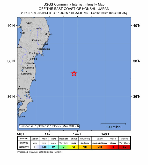 USGS DYFI community-reported intensity map for the M5.3 earthquake near 244 km E of Namie, Japan