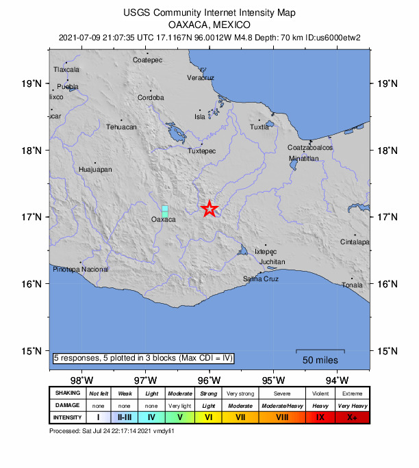 USGS DYFI community-reported intensity map for the M4.8 earthquake near 6 km ENE of Tlahuitoltepec, Mexico